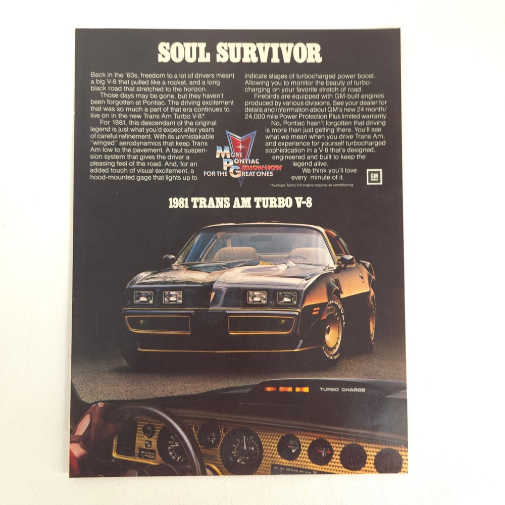 1981 Pontiac Firebird Trans Am Turbo Print Ad Vintage Muscle Car Garage Wall Art